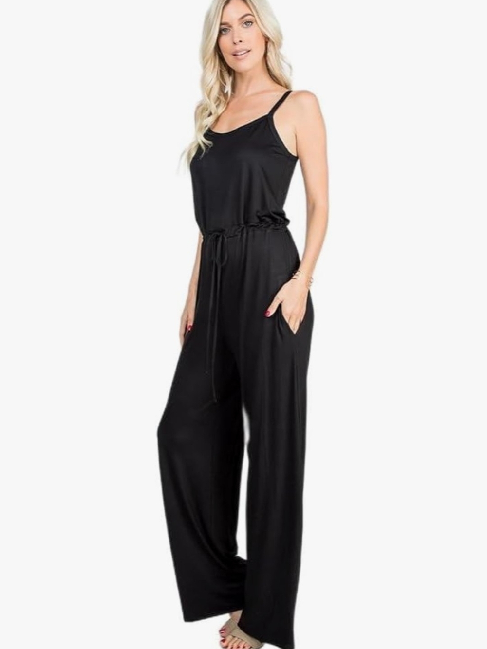 Black Spaghetti-Strap Wide-Leg Jumpsuit